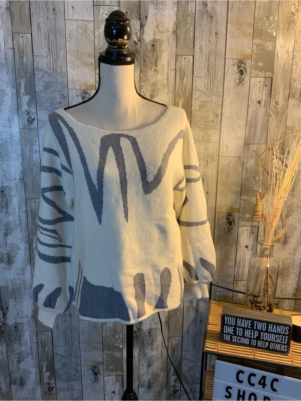 Unk Cream and Gray Off-Shoulder Abstract Knit Sweater